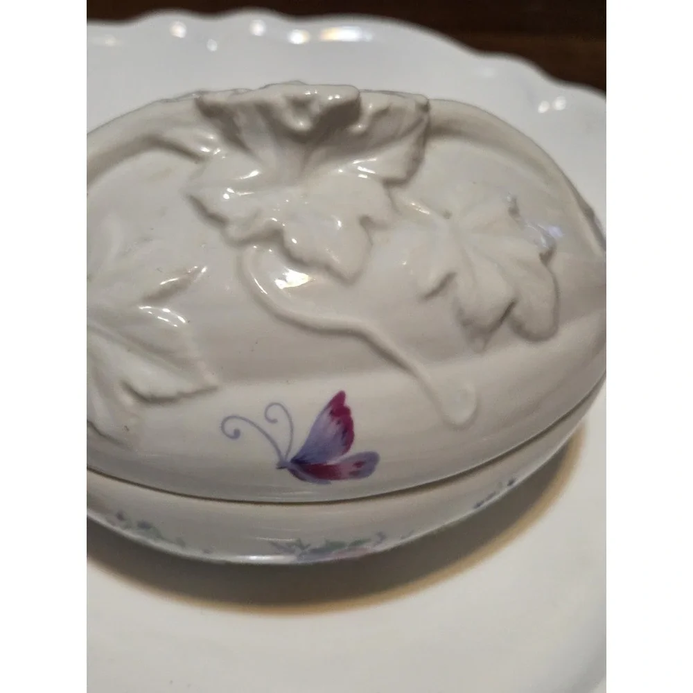Vintage Charles Revson Inc Ciara Porcelain Egg Trinket Dish Featuring butterflie